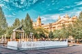 Dancing fountains in Liberty Square in Budapest. Early morning. Hungary