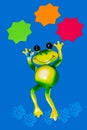 Dancing frog on blue background with three solid color stars above for text or images