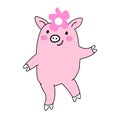 Dancing funny pink pig with flower on head