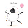 Dancing funny sheep with colorful balloon greeting card. Islamic festival of sacrifice, eid al adha celebration