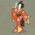 Dancing Geisha ancient Japan classical Japanese woman ancient style of drawing. Beautiful japanese geisha girl Royalty Free Stock Photo