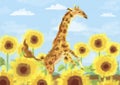 Dancing giraffe with full of sunflower, summer time illustration