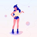 Dancing girl in denim shorts and a one shoulder top. Vector illustration for logo, branding, banner, poster, character design