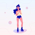 Dancing girl in denim shorts and a one shoulder top. Vector illustration for logo, branding, banner, poster, character design