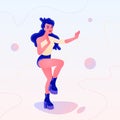 Dancing girl in denim shorts and a one shoulder top. Vector illustration for logo, branding, banner, poster, character design