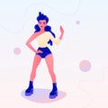 Dancing girl in denim shorts and a one shoulder top. Vector illustration for logo, branding, banner, poster, character design