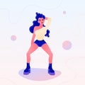 Dancing girl in denim shorts and a one shoulder top. Vector illustration for logo, branding, banner, poster, character design