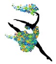 Dancing Girl Silhouette With Green And Blue Flowers And Circles