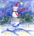 Dancing girl snowman on the background of the winter forest, watercolor drawing