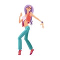 Dancing girl, in stylish clothes, moves under active rhythmic music. Royalty Free Stock Photo