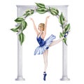 Dancing girl under a garden marble arch entwined with leaves and decorative flowers. Theatrical performance of an elegant Royalty Free Stock Photo