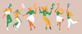 Dancing girls with elements of alphabet in their hands. English letters p, q, r, s, t, u. Green and yellow, white colors