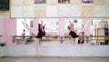 in dancing hall, Young ballerinas in purple leotards perform grand battement back on pointe shoes, raise their legs up Royalty Free Stock Photo