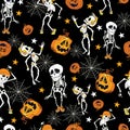 Dancing Halloween skeletons and pumpkins pattern