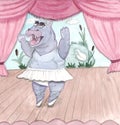 Dancing hippopotamus. Watercolor illustration.