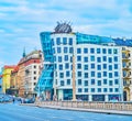 The Dancing House from Jirasek Bridge, on March 5 in Prague, Czech Republic