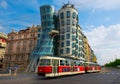 Dancing House and old tram Royalty Free Stock Photo