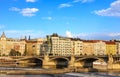 Dancing House in Prague and Jirasek Bridge bridge over the Vltava