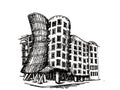 Dancing house of Prague vector hand drawn black and white illustration