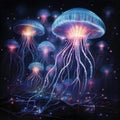 Dancing Jellyfish: A kaleidoscope of bioluminescent creatures pirouetting in an ethereal underwater ballet