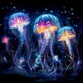 Dancing Jellyfish: A kaleidoscope of bioluminescent creatures pirouetting in an ethereal underwater ballet
