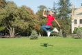 Dancing jump style. Happy dancing girl. Small dancer jumping to music on green grass. Little child enjoy dancing to Royalty Free Stock Photo