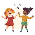 Dancing Kids, Cartoon vector illustration of happy Multicultural children. Flat style vector illustration.