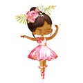 Dancing Latino Dark Skin Ballerina Baby Girl Wearind Pink Dress. Elegant Little Child Posing Training Ballet Collection