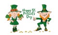 Dancing leprechaun girl and Leprechaun man. Happy St. Patricks Day celebration. Royalty Free Stock Photo