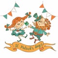 Dancing leprechaun and girl St. Patrick`s day card. Vector