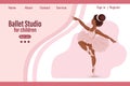 Dancing little girl ballerina on background with text Ballet studio for children. Banner, web illustration