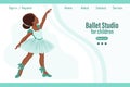 Dancing little girl ballerina on background with text Ballet studio for children. Banner, web illustration, vector