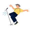 Dancing male pop singer by the stage microphone. Vector illustration in flat style