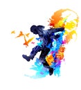 Dancing man boy jumping with color splashes on white background. Vector illustration Royalty Free Stock Photo