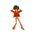 Dancing man character, male moving body at music party, dancer in 1980s style clothes and afro hairstyle vector