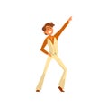 Dancing man character, male moving body at music party, guy in 1980s style clothes dancing disco vector Illustration on