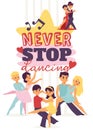 Dancing man and woman ballroom, sports dances. Tango, waltz, Latin American dances vector illustration. Dance studio.