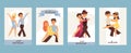 Dancing man and woman ballroom, sports dances. Tango, waltz, Latin American dances vector illustration. Dance studio. Royalty Free Stock Photo