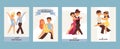 Dancing man and woman ballroom, sports dances. Tango, waltz, Latin American dances vector illustration. Dance studio.