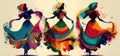 Dancing Mexican women with colorful skirts. Abstract celebration. Cinco de Mayo. Traditional Latin American art.