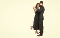 Dancing music. Couple elegant clothes visiting dancing ball. Come dance with me. Dancing school for adults