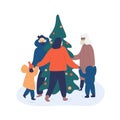 Dancing near Christmas tree vector illustration. Traditional New Year circle dance near fir tree. Parents, grandmother