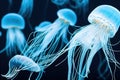 Dancing neon blue glowing jellyfish floating bell in water. Underwater sea life, marine toxic creature, aquatic wildlife