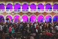 Dancing people in front of the enlightened colonial building `Palacio Municipal` in the night, Merida, Yucatan, Mexico Royalty Free Stock Photo