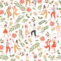 Dancing people and green nature vector flat seamless pattern. Men and women dancing, celebrating holiday. Royalty Free Stock Photo