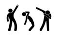 Dancing people icons, character set human silhouettes, poses and gestures, cheering man, dancer posing, vector simple stick figure Royalty Free Stock Photo
