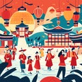 Dancing people in Korean traditional clothes in Seoul, Korea, flat vector illustration. Generative AI