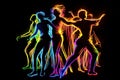 Dancing people silhouettes. Colorful neon lights. Generative AI Royalty Free Stock Photo