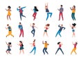 Dancing people. Trendy party cartoon crowd, modern young dancing characters, friends couples and happy persons. Vector