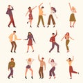 Dancing people. young persons male and female jumping and dancing on dancehall active celebrates. Vector characters